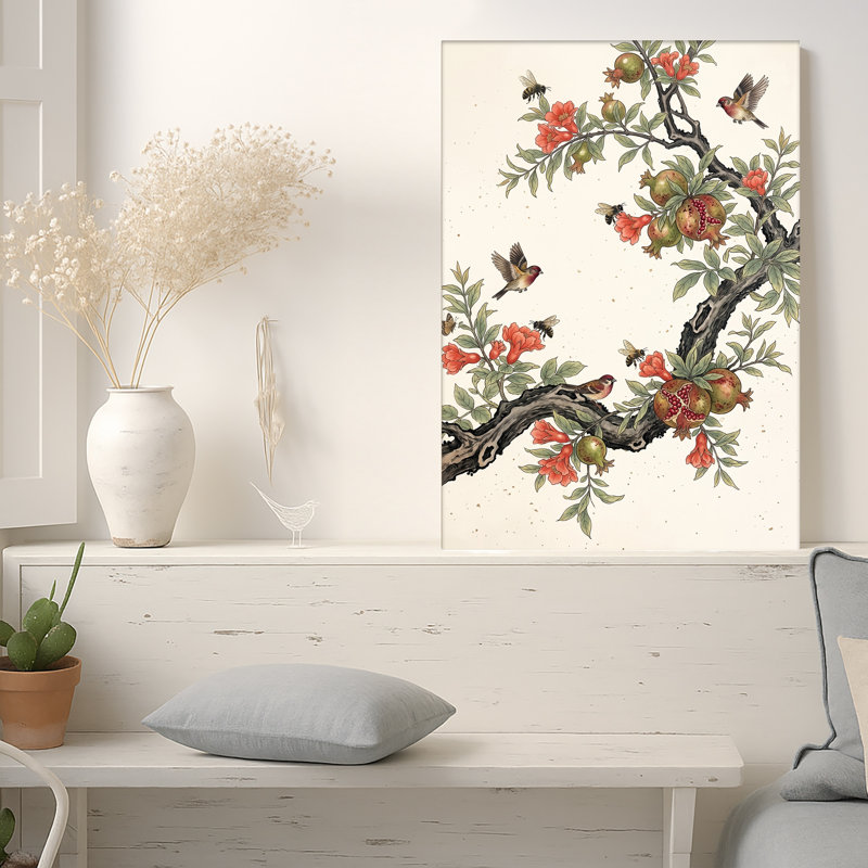 Art sur toile, branche de grenade avec fleurs rouges et oiseaux, 40"H x 28"W