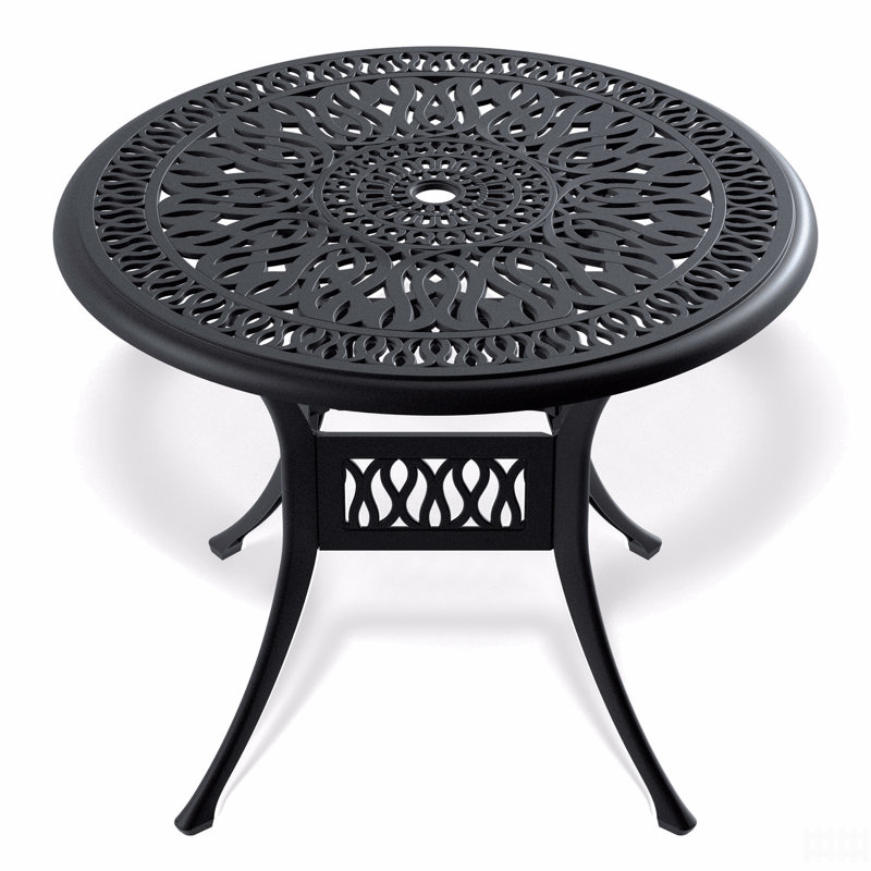 Table de salle à manger en fonte d'aluminium avec cadre noir et trou pour parasol
