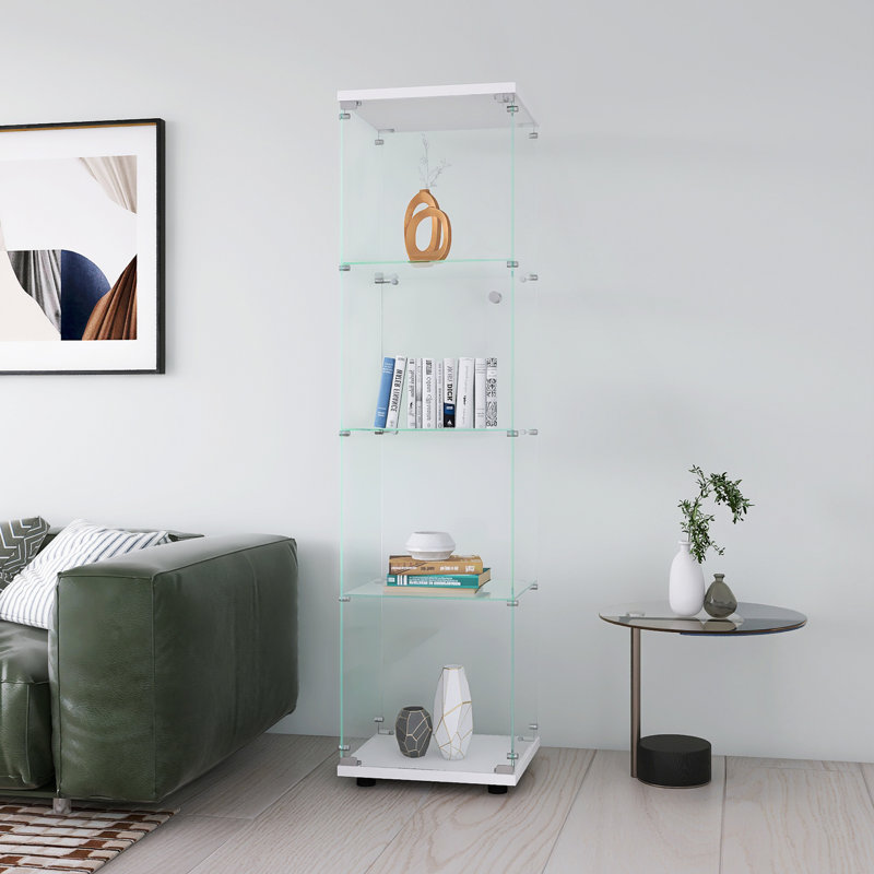 Versatile Glass Display Cabinet With Four Shelves And Door For Home And Office Use, White