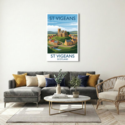 St Vigeans, Scotland - Romantic Travel Poster of Ancient Church and Village. Giclee Print on Wrapped Canvas. Wall Art, Home Decor - Religious & Cultural Sites, Scotland 1 Piece Wrapped Canvas Wall Art