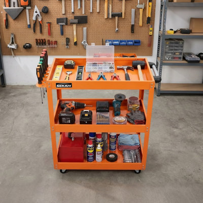 Chariot à outils roulant en acier à 3 niveaux avec porte-outils latéral et organisateur de pièces