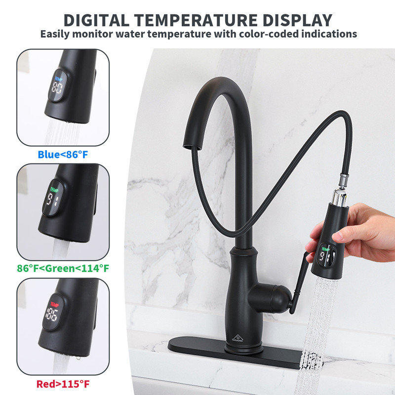 Robinet de cuisine à bec rétractable avec affichage numérique et plaque de pont Willow