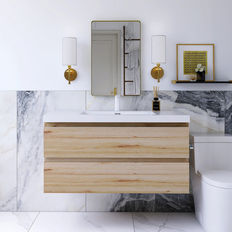 42 po W Meuble-lavabo mural simple avec lavabo blanc, Chêne