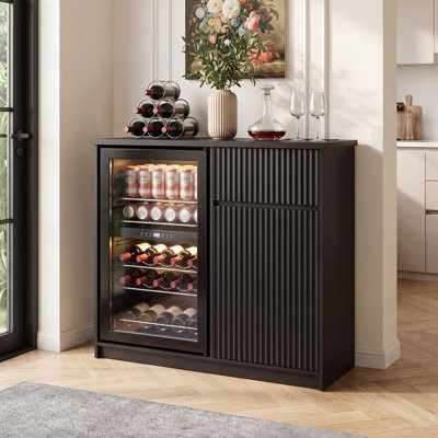 Mini armoire de réfrigérateur avec prise de courant, armoire à café de l 38,2 po avec espace réfrigérateur, armoire à vin moderne avec rangement et support à vin, buffet pour la cuisine, salle à manger, noir