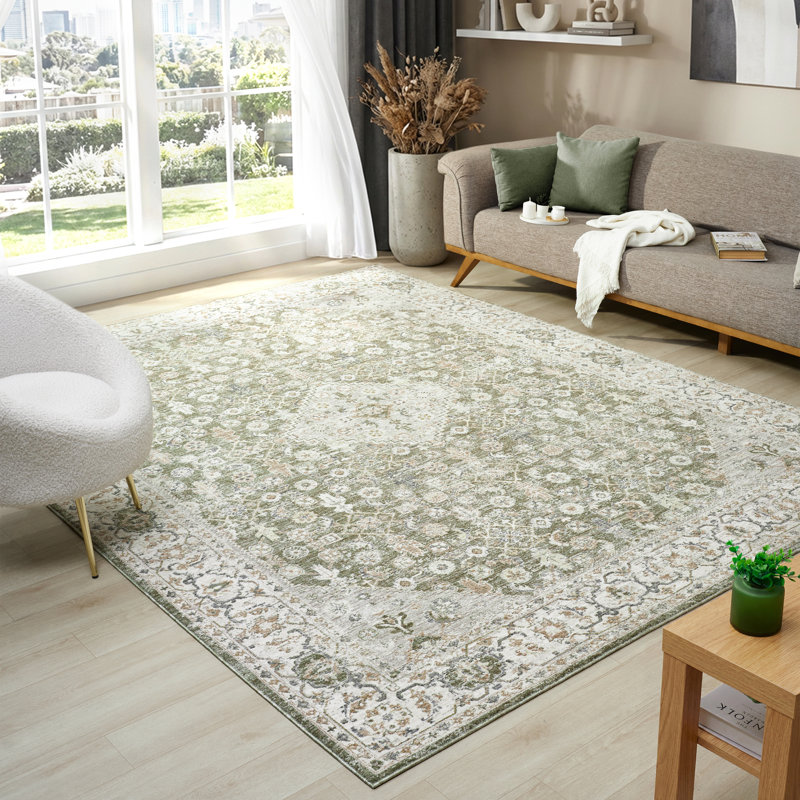 Tapis d'intérieur floral vert / ivoire Plumerra, 6' x 9'