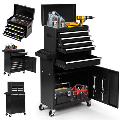  5-Drawer Rolling Tool Chest, Detachable Top Tool Box, Lockable Metal Tool Cabinet with Wheels, Adjustable Shelf and Liner for Garage Workshop Storage, Black