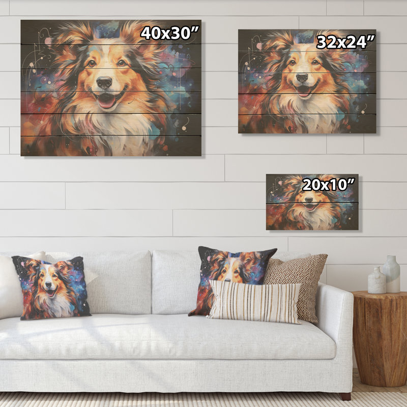 Shetland Sheepdog Portrait I - chien, art mural sur bois de pin naturel, H 30 po x l 40 po