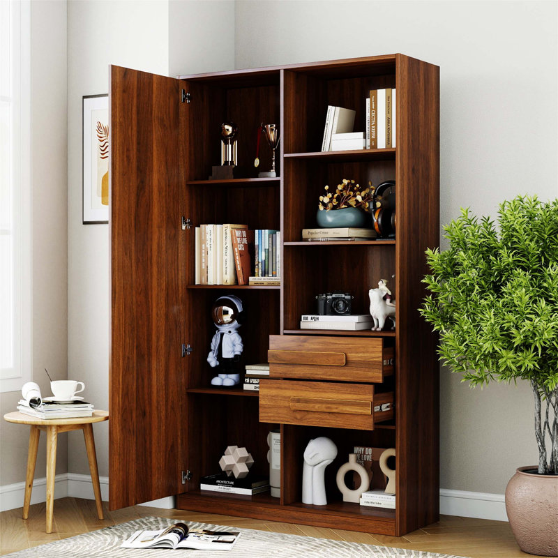 Armoire de rangement autoportante avec porte cannelée, 2 tiroirs et tablettes ouvertes, organisateur polyvalent pour diverses pièces