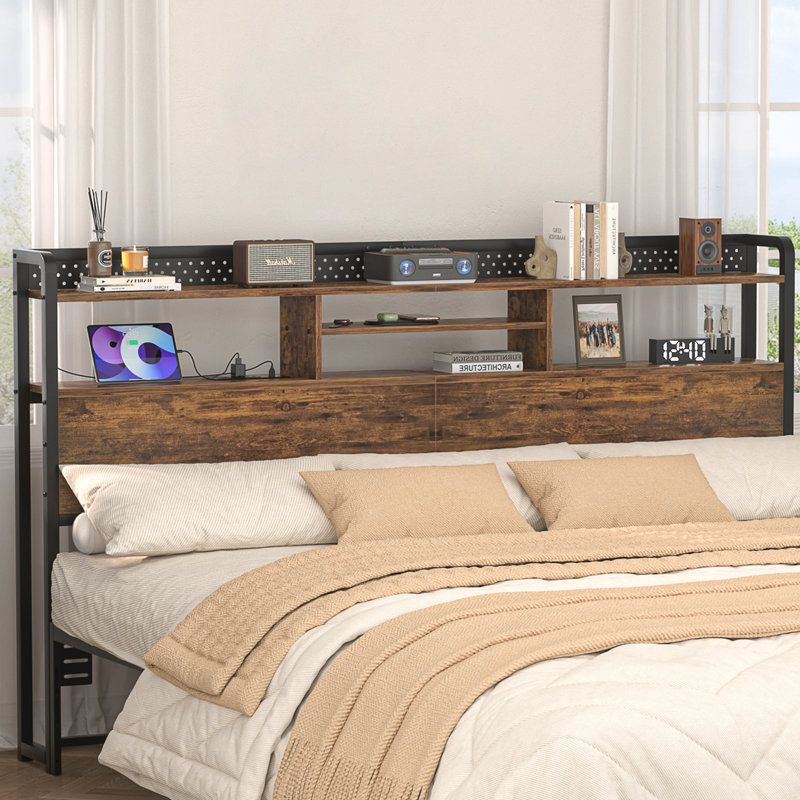 Miljenko Headboard with Led Lights & Charging Station, Brown, King