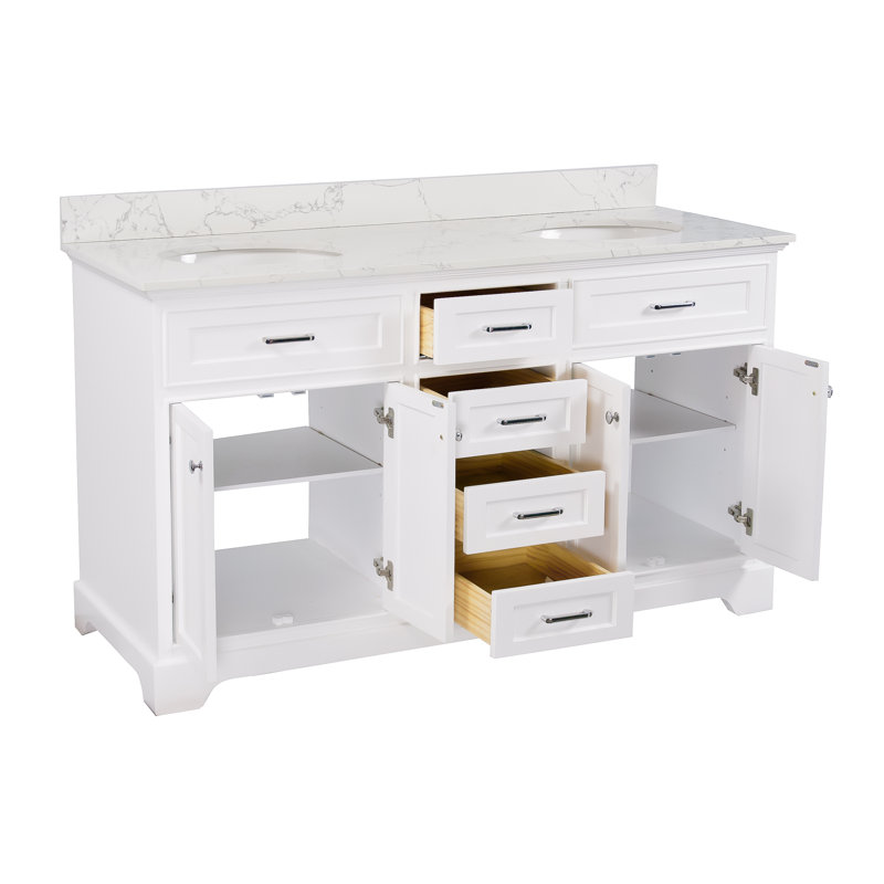 60'' Double Bathroom Vanity with Top, White, Engineered Marble