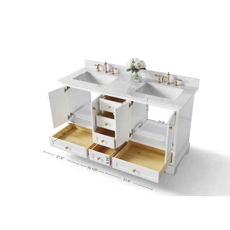 Audrey 60'' W Double Vanity, White, Carrara White, Gold