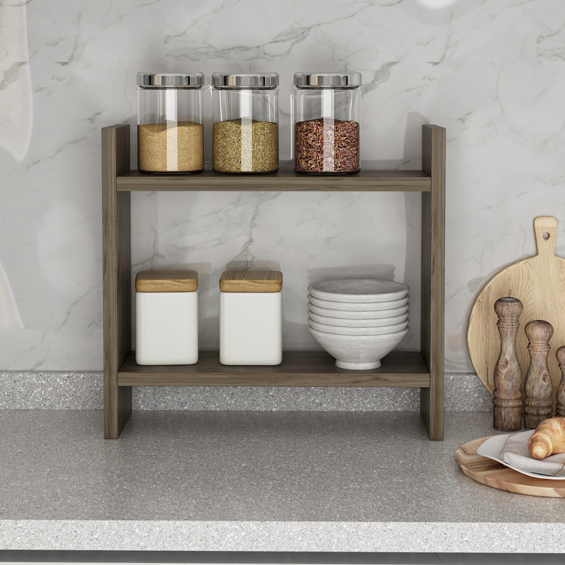 Tablette de rangement pour cuisine à 2 niveaux, 2, Noyer