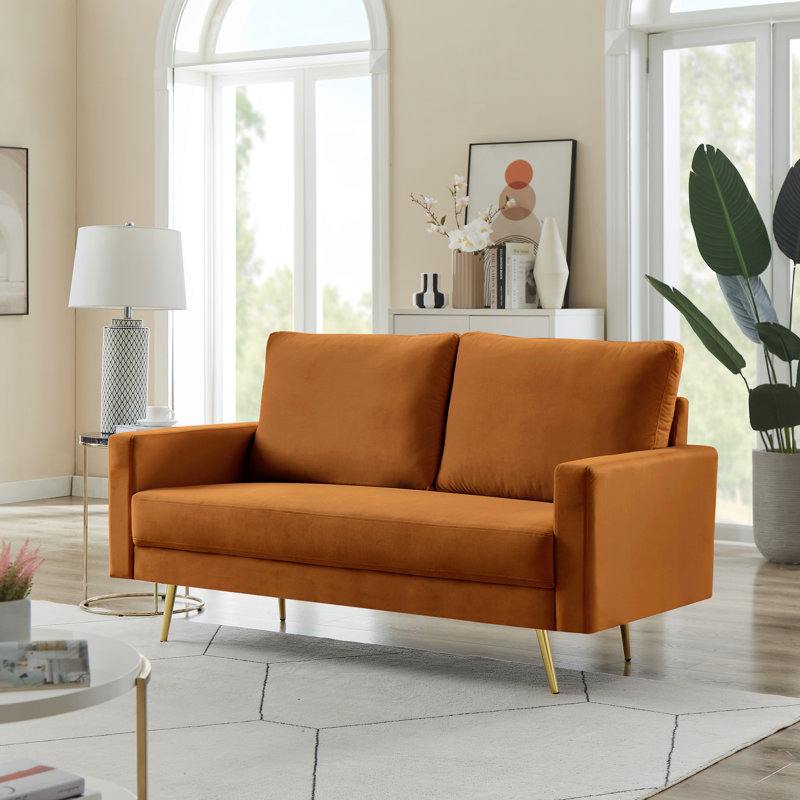 Causeuse à accoudoirs carrés en velours 62,5 po Sennur, Velours orange