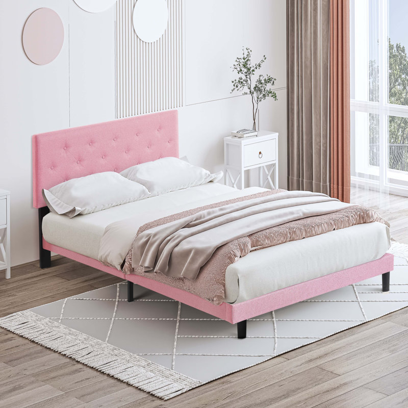Grand lit plateforme tapissier, Grand lit, Rose