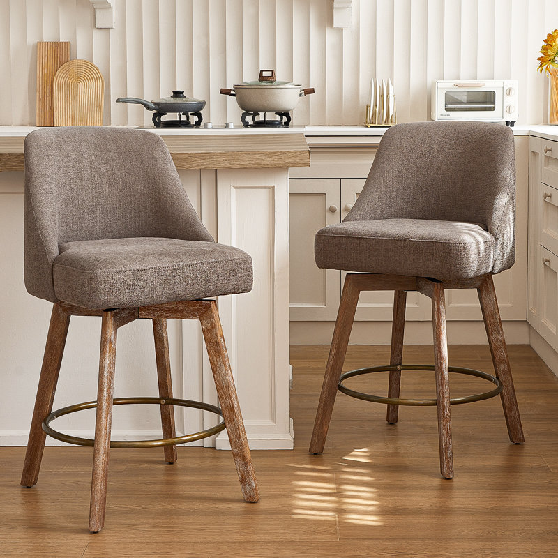 Ensemble de tabourets de bar à hauteur de comptoir Mid-Century de 2360 ° avec pieds en bois massif, chaises pour îlot avec dossier enveloppant, tissu de confort en lin gris