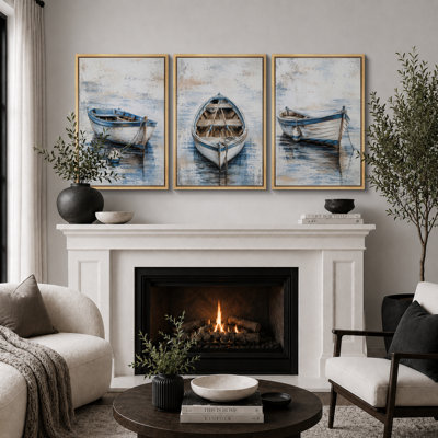 Rustic Blue Rowboat Coastal Artwork, Bathroom Pictures, Framed Canvas Giclee Print 3 Pieces Wall Art