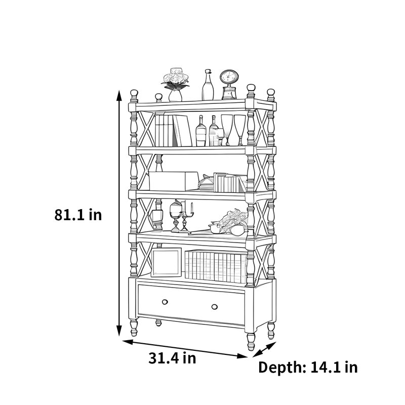 Simple design bookcase, (5 Shelves) 81.1''H x 31.4''W x 14.1''D, White