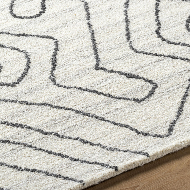 Tapis rectangulaire en laine touffeté à la main à motif abstrait ivoire, Rectangle 2 pi x 3 pi