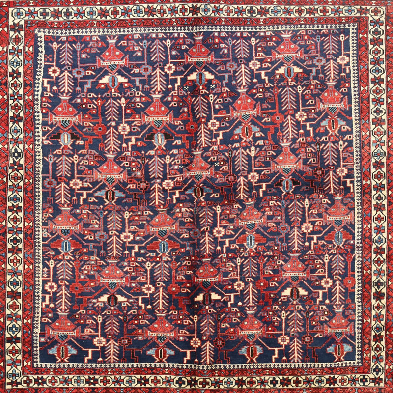 Tapis oriental rouge et bleu, Carré 7 pi
