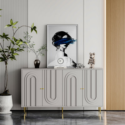 Gray Lacquered Wooden Cabinet Sideboard Buffet Server With 4 Doors And Adjustable Shelves For Living Room, Entryway, Hallway, Office, Kitchen Dining Area Door Server, Spaces