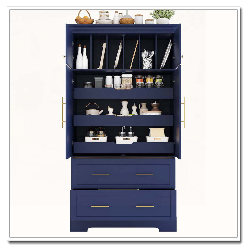 Armoire de rangement 72,6 po, 4 portes avec plateaux coulissants, tiroirs et rangement pour moule à gâteau, Bleu