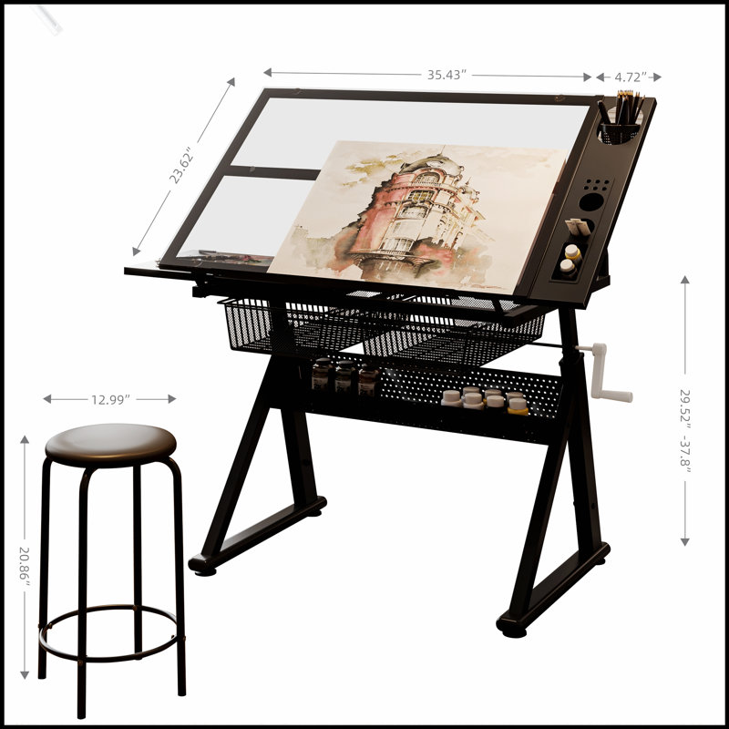 Table à dessin réglable en verre trempé avec chaise et rangement, parfaite pour un usage artistique et professionnel dans n'importe quelle pièce