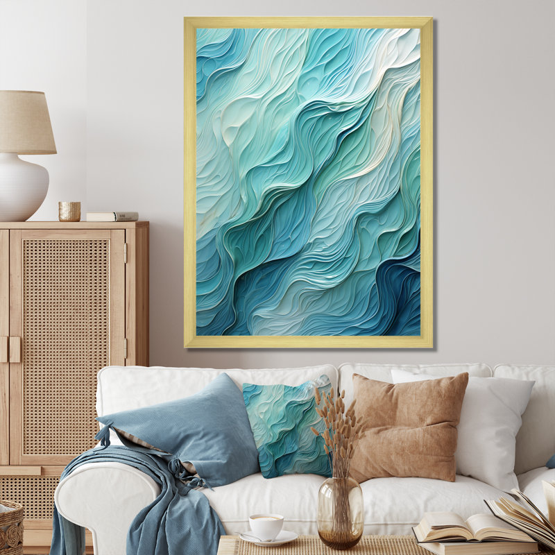 Aqua Blue and White Abstract Canvas Print with Gold Frame