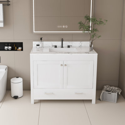Ensemble de meuble-lavabo moderne avec plateau en marbre artificiel de Carrare, armoire de salle de bain multifonctionnelle avec portes et tiroir, structure solide et panneau en bois aggloméré