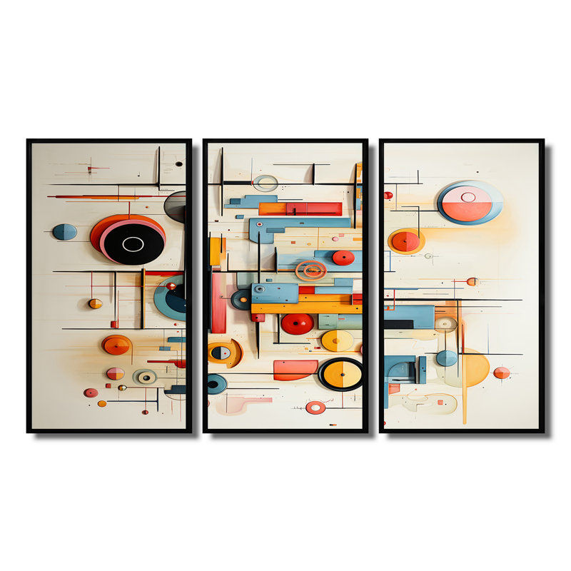 Ensemble d'art mural géométrique rétro Mid Century, H 28 po x l 36 po x P 1 po, Cadre flottant noir