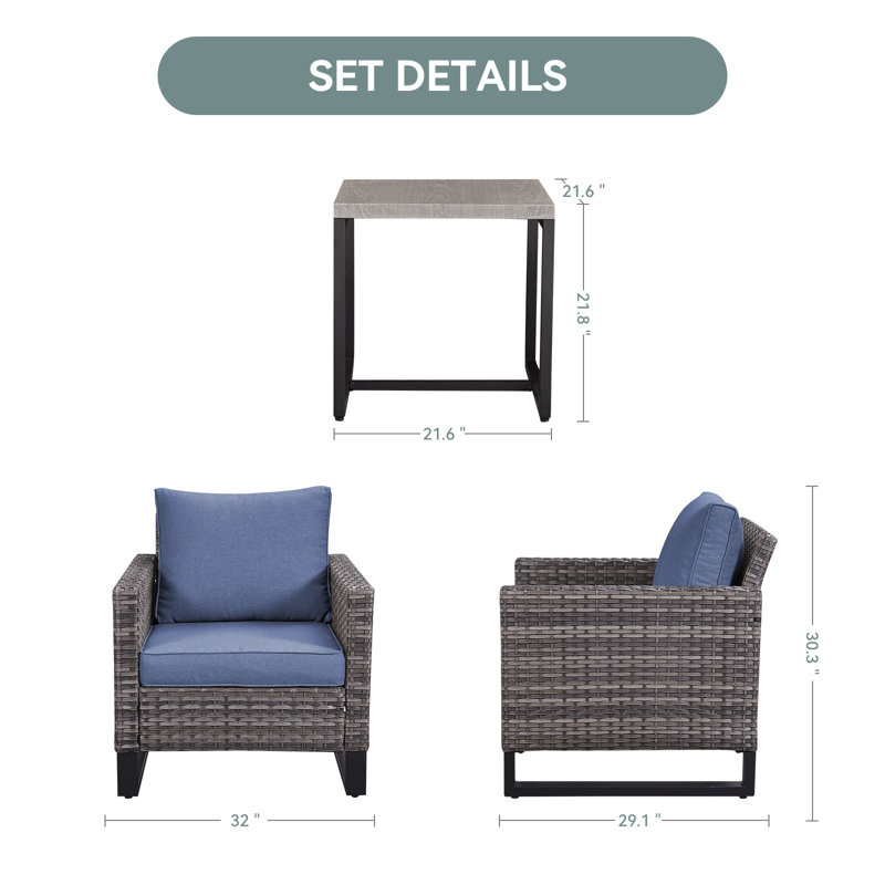 Nazime 2 Person Seating Group with Cushion, Gray, Blue