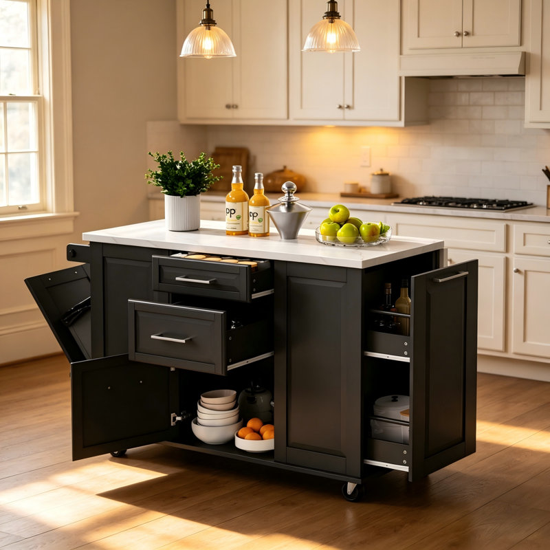 Îlot de cuisine 50,7 po avec rangement pour armoire à ordures inclinable et rangement escamotable, Noir
