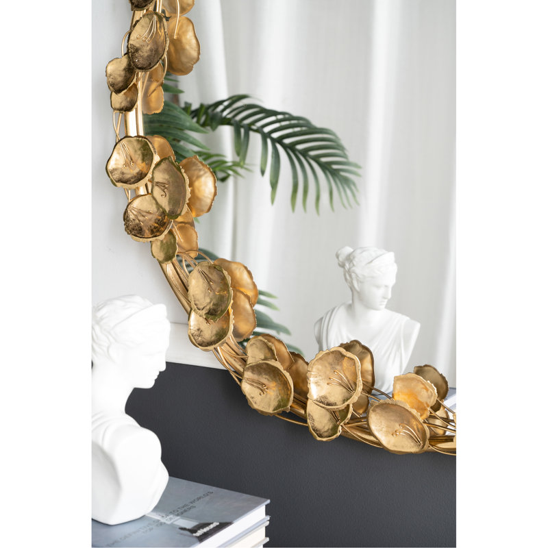 35,35 po Large miroir mural en métal avec embellissement de feuille d'or, accessoire de salon moderne, fer robuste et