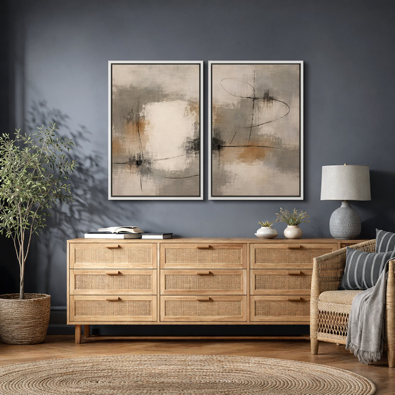 Soft Neutral Abstract Artwork with Linear Black Accents, Living Room Pictures, Framed Canvas Giclee Print Wall Art