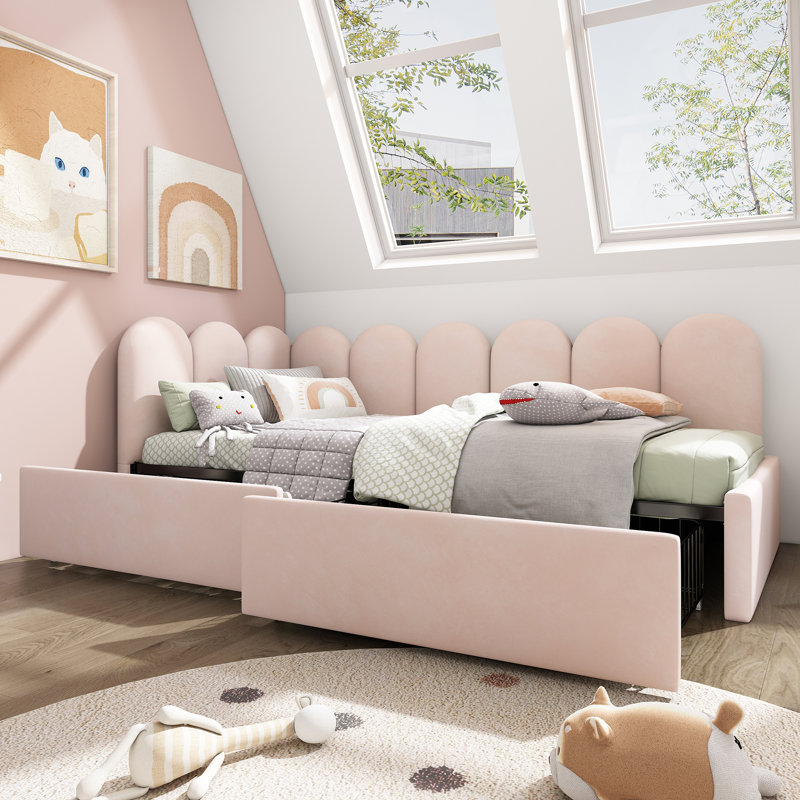 Velvet Upholstered 3FT Single Sofa Bed 90X190cm With Drawers Storage With Slatted Frame, Pink