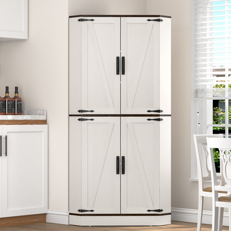 68" Kitchen Pantry Corner Storage Cabinet With Doors And Adjustable Shelve, White