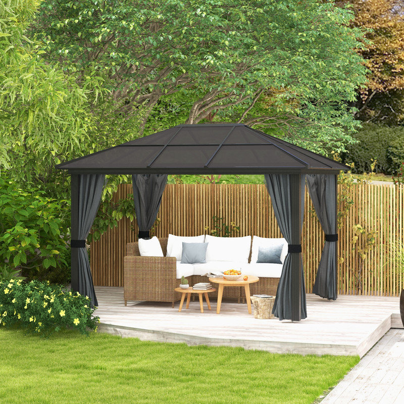 Pyramid Hardtop Gazebo, Aluminum Frame & Polycarbonate Roof, Privacy Curtain + Bug Mesh + Anchor Kit, 3m×3.6m Outdoor Patio Shelter