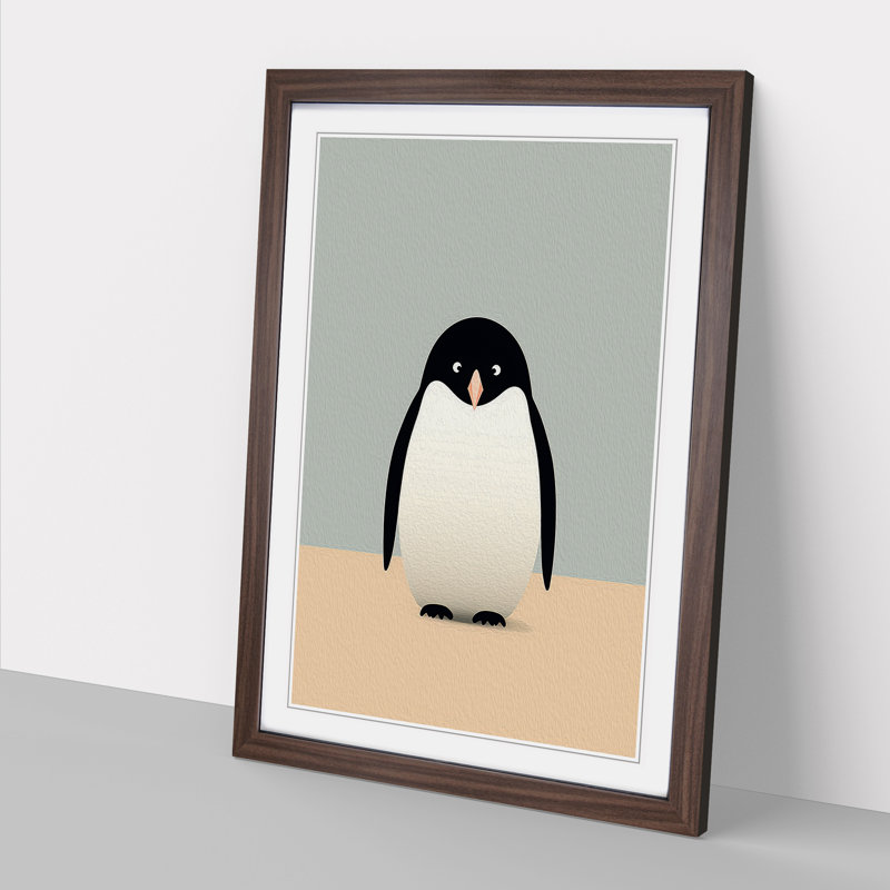 Penguin Minimalism - Single Picture Frame Print on Wood, 64cm H x 46cm W x 2cm D, Walnut Framed