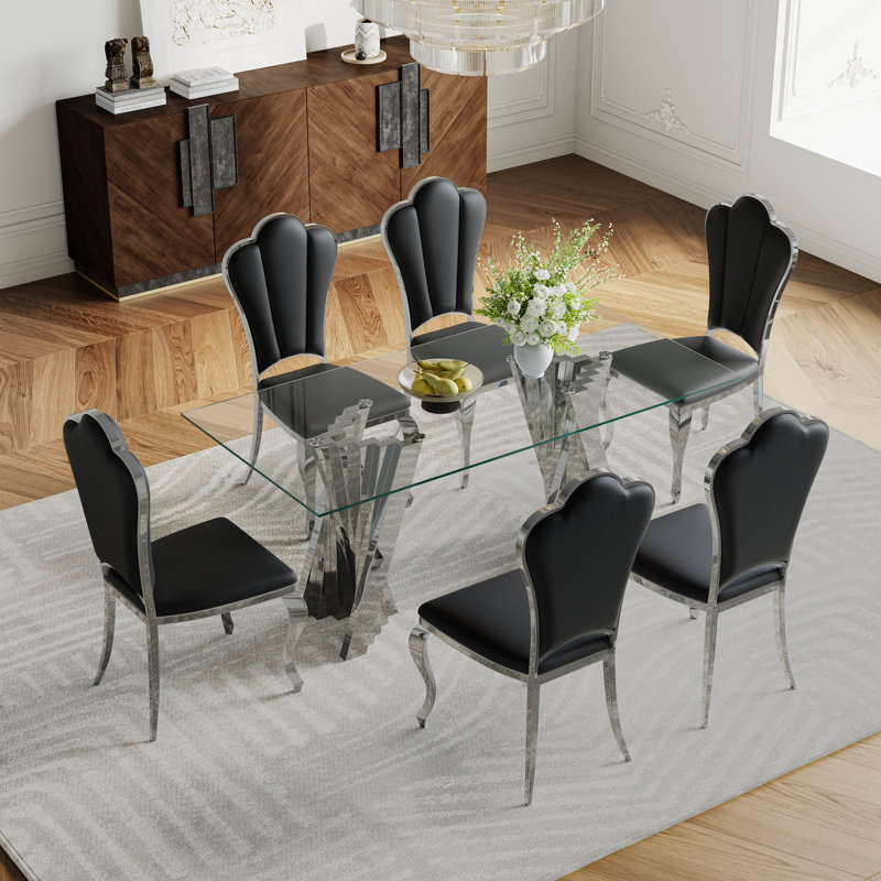 7-Piece Modern Dining Set – 70" Glass Dining Table With Stainless Steel Base & 6 Faux Leather Shell-Back Chairs, Gold