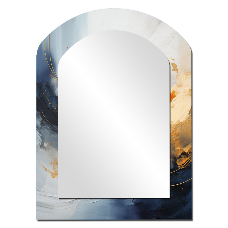Blue And Yellow Marble Storm VII - Large Arched Wall Mirror On Metal, 34" x 25"