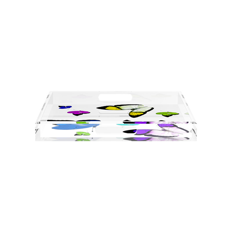 Butterflies Acrylic Square Decorative Tray, Acid Blue, 15" W x 15" D x 2" H