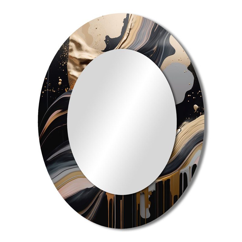 Gold And Black Marbled Euphoria III - Gold Oval Wall Mirror Decor, 43" x 33"