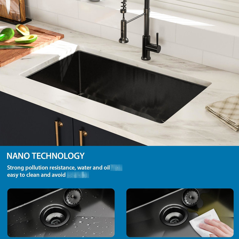 Évier de cuisine noir en acier inoxydable de calibre 16 de 30 po x 18 po x 10 po avec réduction de bruit et système de drainage facile