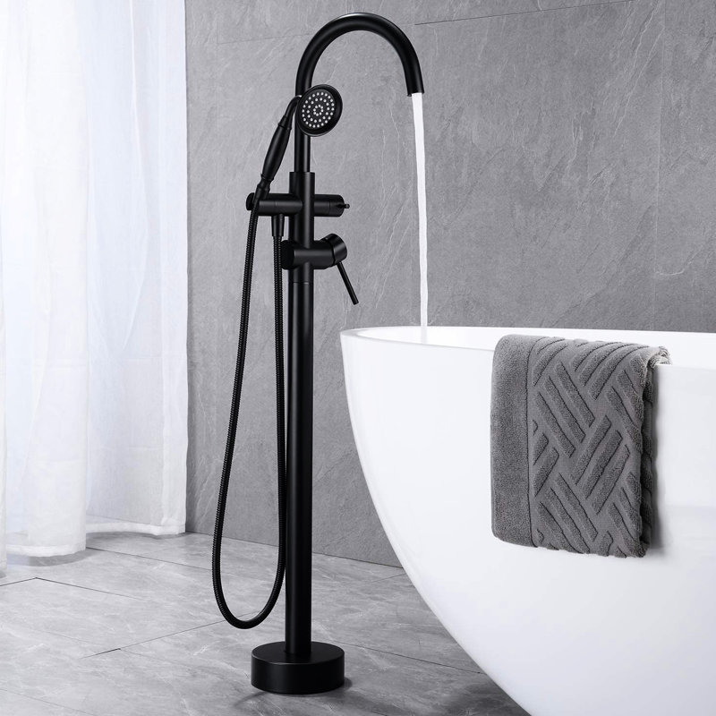 Matte Black Tub Filler With Floor Mount - 6 Gallons Per Minute Flow Rate For Rapid Filling Freestanding Shower Handheld 59" Hose Versatile Cleaning