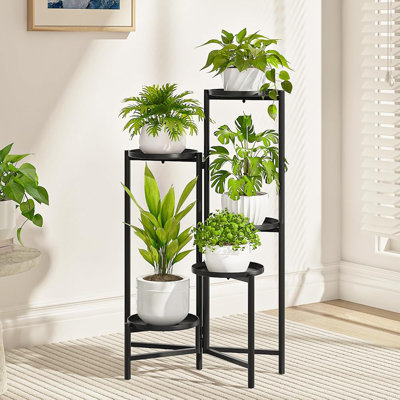 Foldable Black 5-Tier Corner Plant Stand, Heavy-Duty Metal Shelf for Indoor/Outdoor Patio, Garden, Balcony