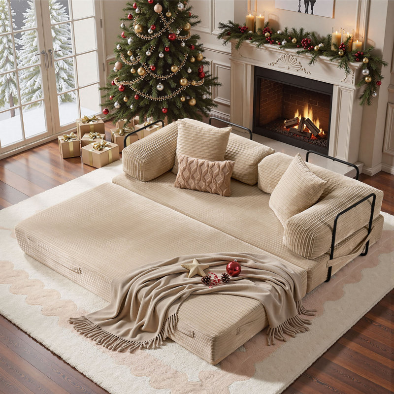 Canapé-lit convertible avec 2 coussins, Beige