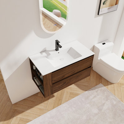 36" Wall Mounting Bathroom Vanity With Ceramic Sink Bathroom Sink Cabinet Single Bathroom Vanity