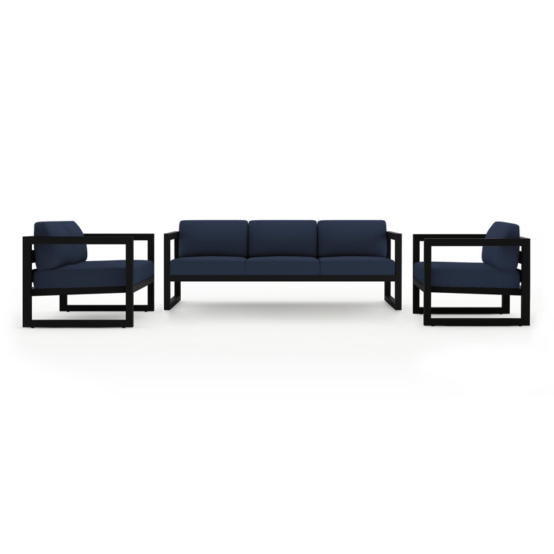 Avion 3 Piece Sofa Loveseat Set, Spectrum Indigo Sunbrella®, Black