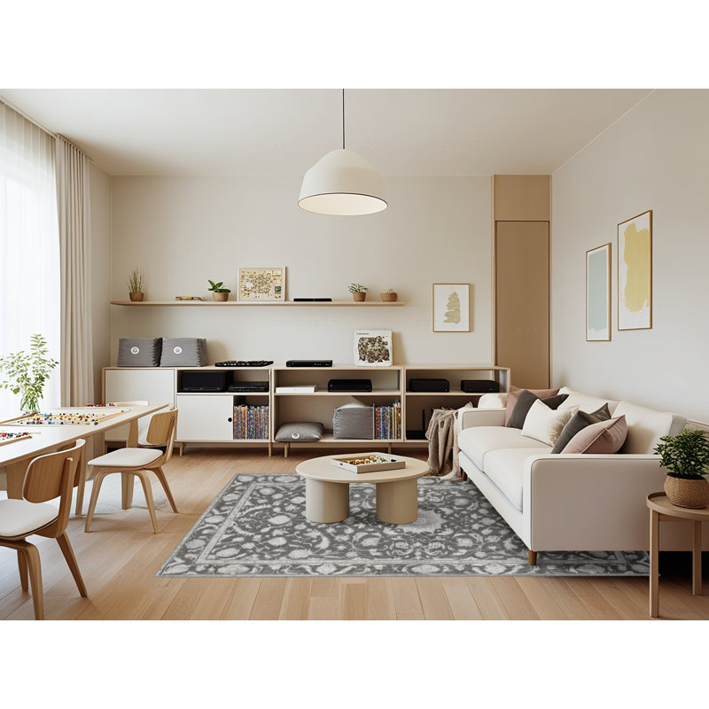 Tapis gris Tabriz lavable à la machine, Rectangle 7 pi x 9 pi