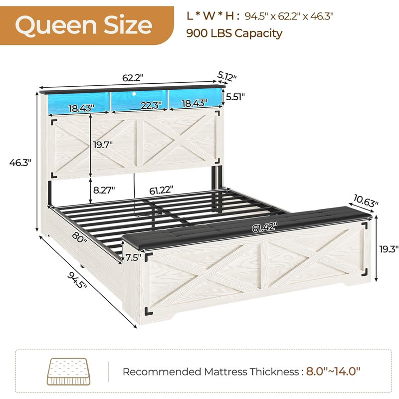 Queen Size Farmhouse Metal Bed Frame, Antique White Platform Bed with LED Headboard, Charging Station and Storage Ottoman, Sturdy Bed for Teen Room
