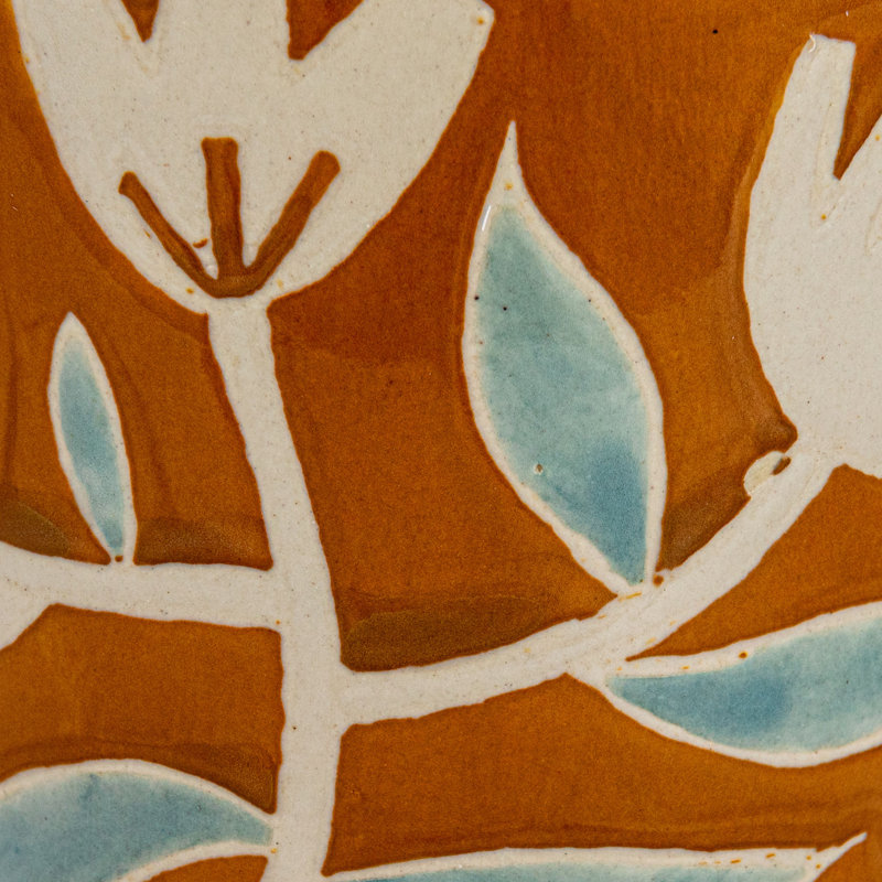 Hand-Painted Botanical Ceramic Mugs in Orange and Green, Set of 2